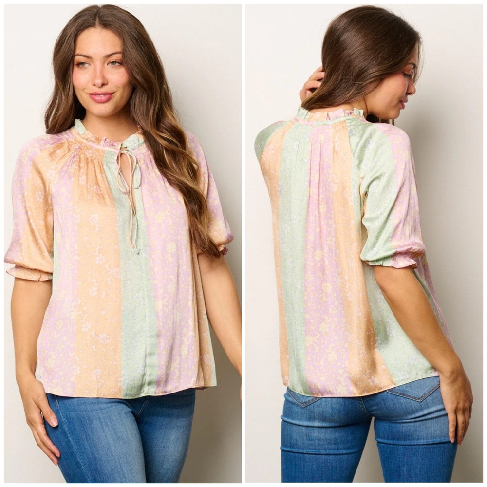 CURRENT AIR Anthropologie Color Block Floral Short Sleeves Relaxed Fit B… - Picture 5 of 5